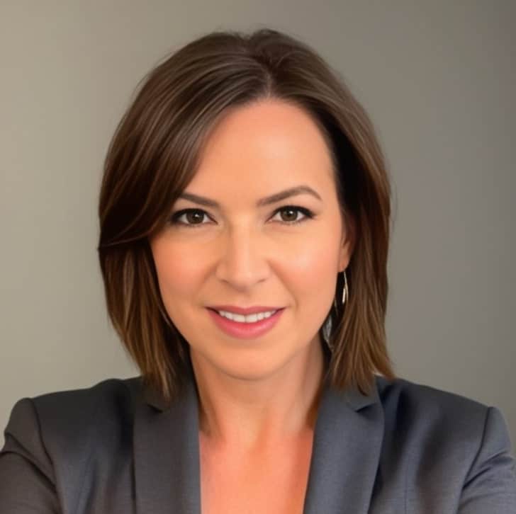 Professional headshot of a smiling woman in a gray blazer.