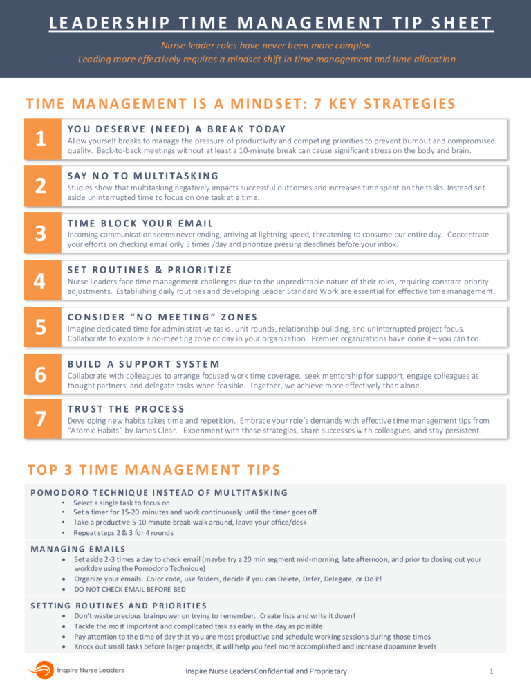 Time management tips for nurse leaders: 7 strategies including no multitasking, email blocking, and routines to boost productivity.